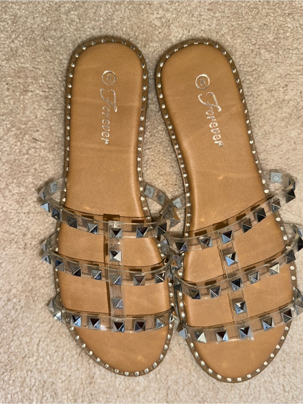 Forever 21 Tan Slide Sandals with Clear Studded Straps